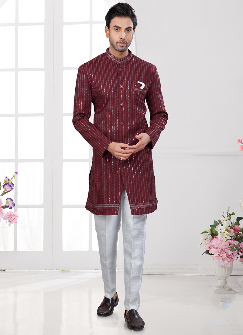 Dark Maroon Imported Silk Embroidered Sequins Indowestern Sherwani Festive Wear