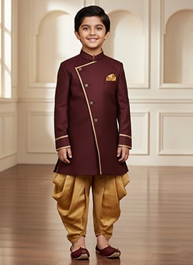 Dark Maroon Jute Silk Indowestern Sherwani Kids Boys