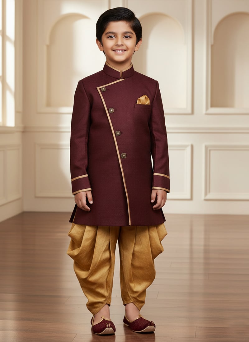 Dark Maroon Jute Silk Indowestern Sherwani Kids Boys Festive Wear
