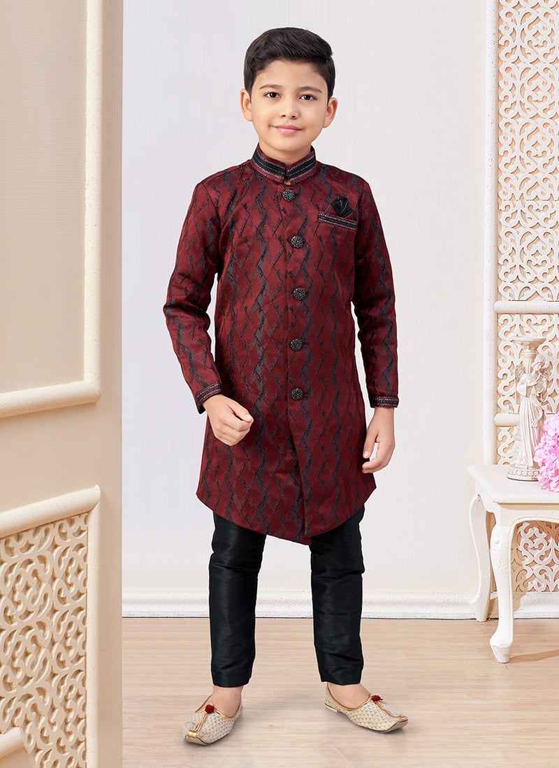 Dark Maroon Kasak Zari Work Jacquard Boys Indowestern Sherwani Wedding Wear