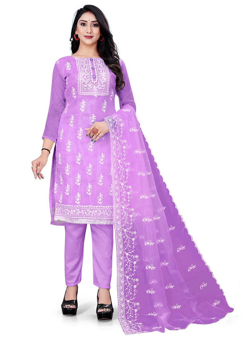 Lavender Organza Thread Embroidered Straight Pant Suit Work Wear