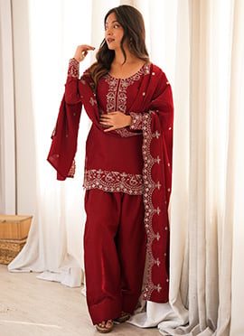 Dark Maroon Sequins Silk Farshi Suit