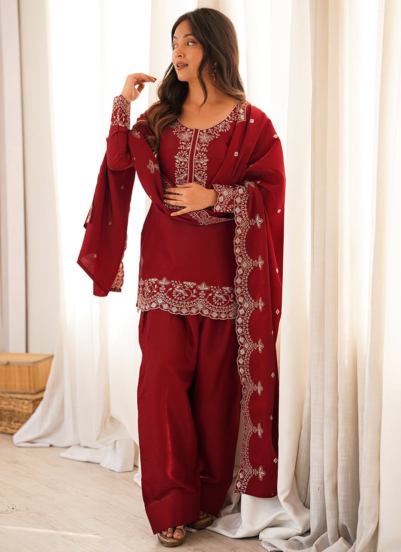 Dark Maroon Sequins Silk Farshi Suit Festive Wear