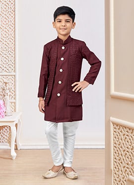 Dark Maroon Silk Embroidered Sequins Boys Indowestern Sherwani