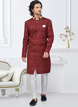Dark Maroon Silk Embroidered Sequins Indowestern Sherwani