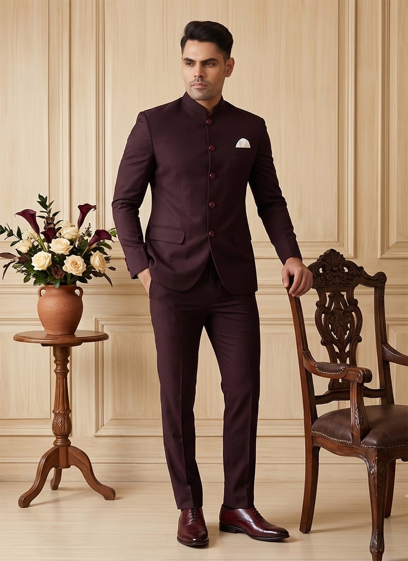 Dark Maroon Silk Jodhpuri Suit For Men After Six Wear
