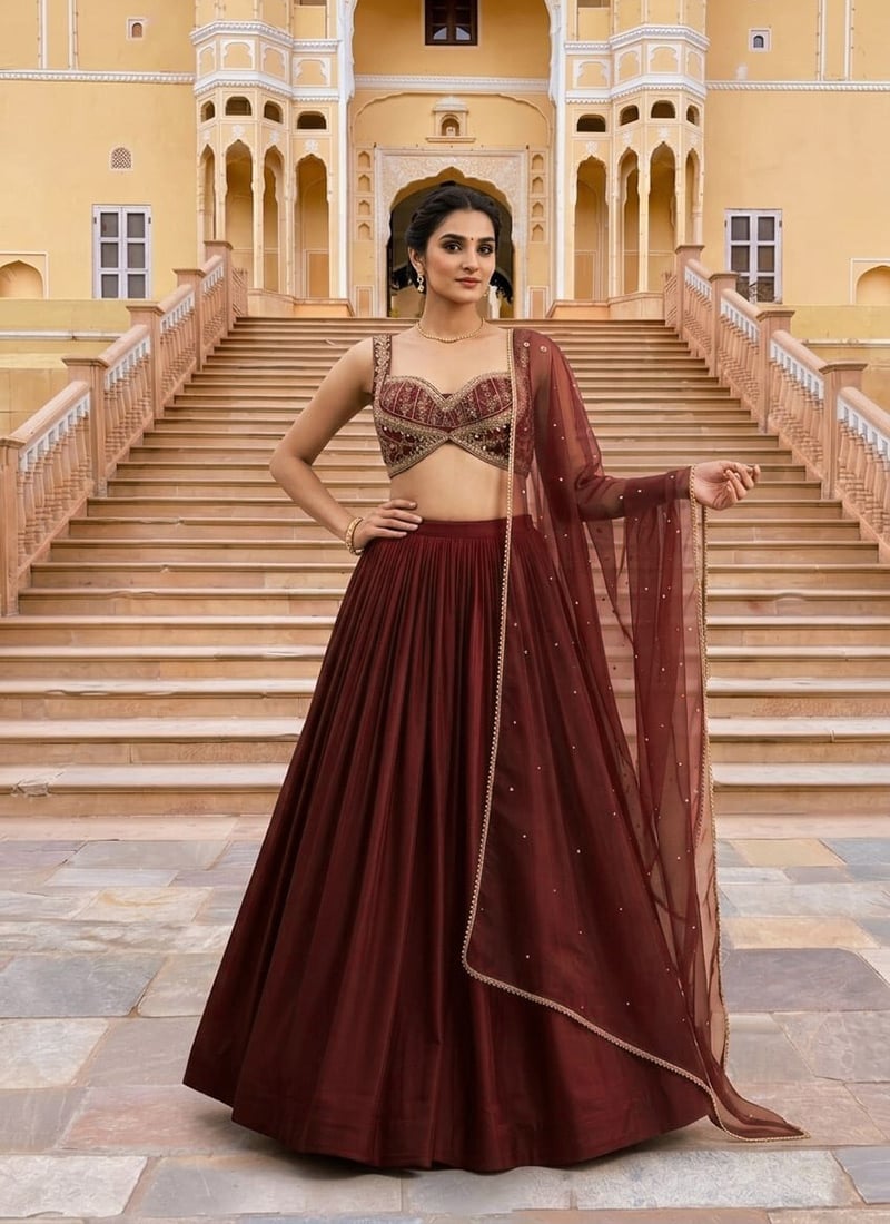 Dark Maroon Silk Zari Sequins Lehenga Wedding Wear
