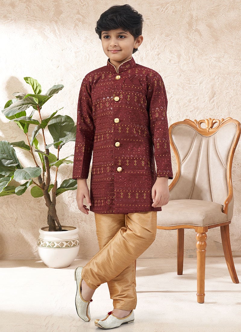 Dark Maroon Soft Silk Sequins Embroidered Thread Kids Boys Indowestern Sherwani Wedding Wear