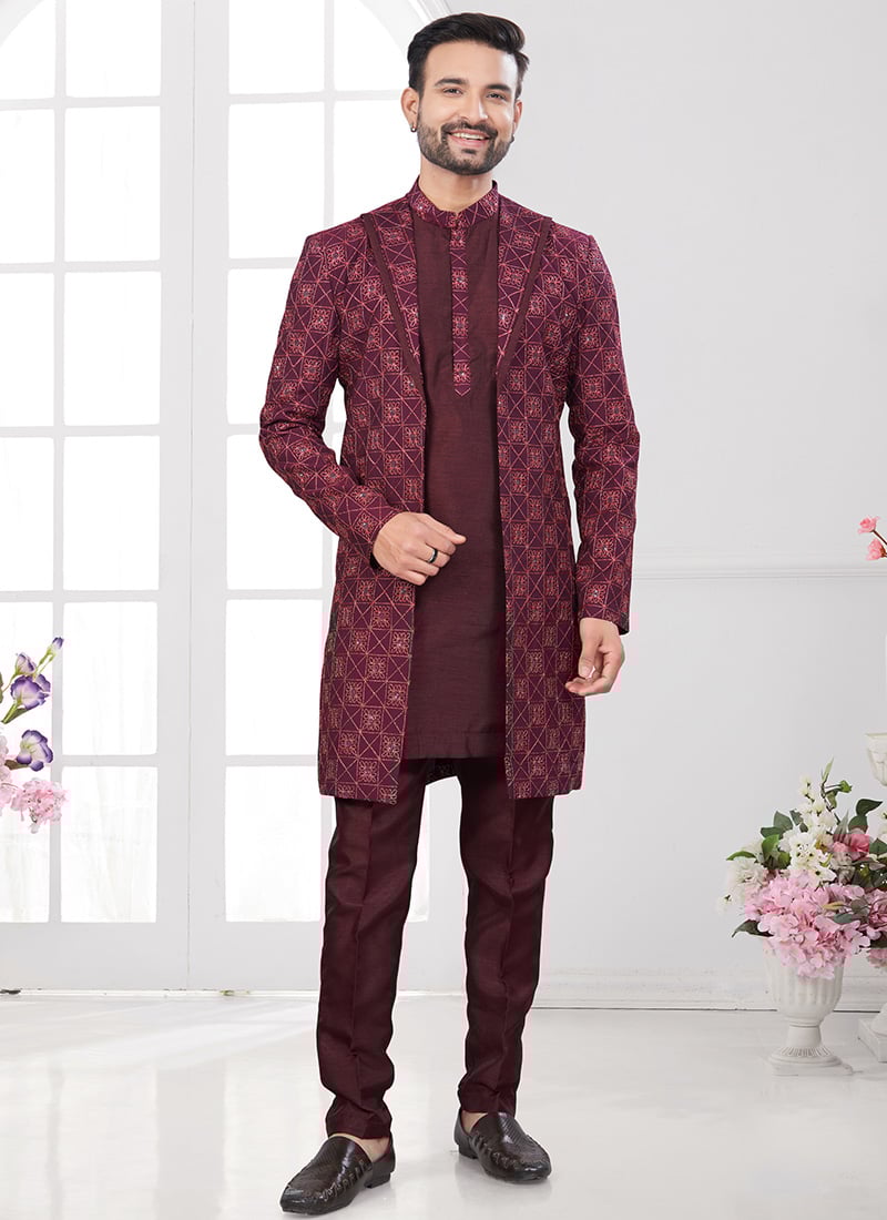 Dark Maroon Super Silk Embroidered Sequins Indowestern Sherwani Wedding Wear