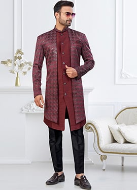 Dark Maroon Zari Banarasi Jacquard Silk Embroidered Sequins Thread Indowestern Sherwani