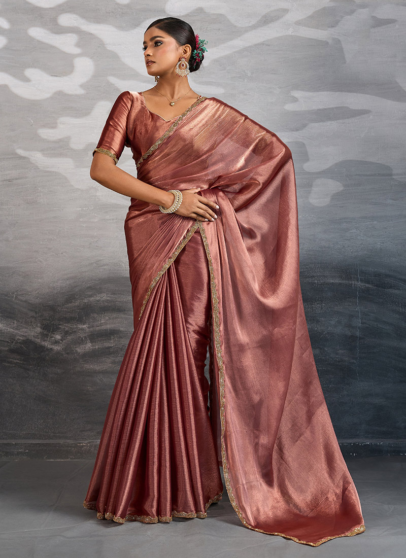 Dark Mauve Burberry Chiffon Plain Saree With Beads Cutdana Applique Lace Work