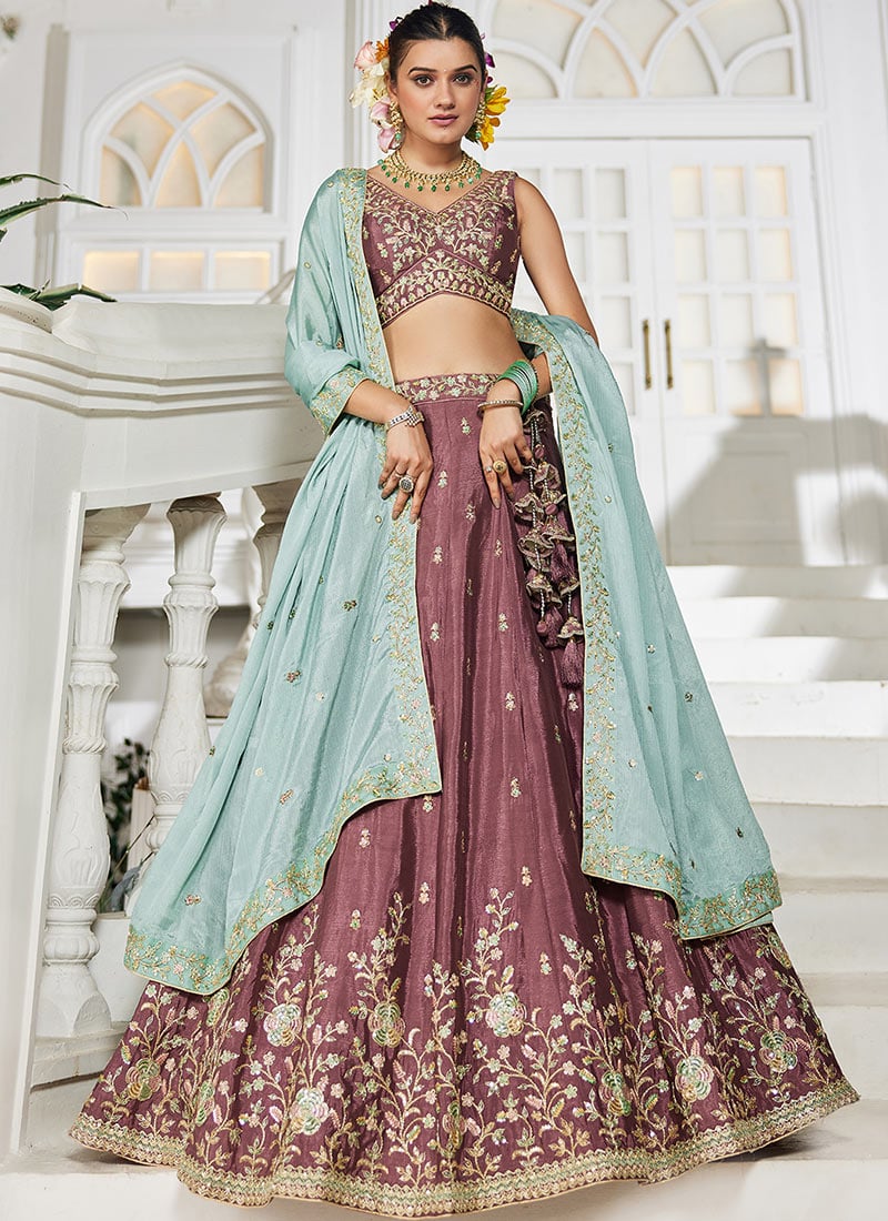 Dark Mauve Chiffon Embroidered Sequins Lehenga Wedding Wear