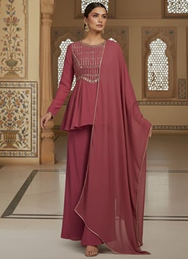 Dark Mauve Faux Georgette Zari Mirror Work Hand Embroidered Palazzo Suit