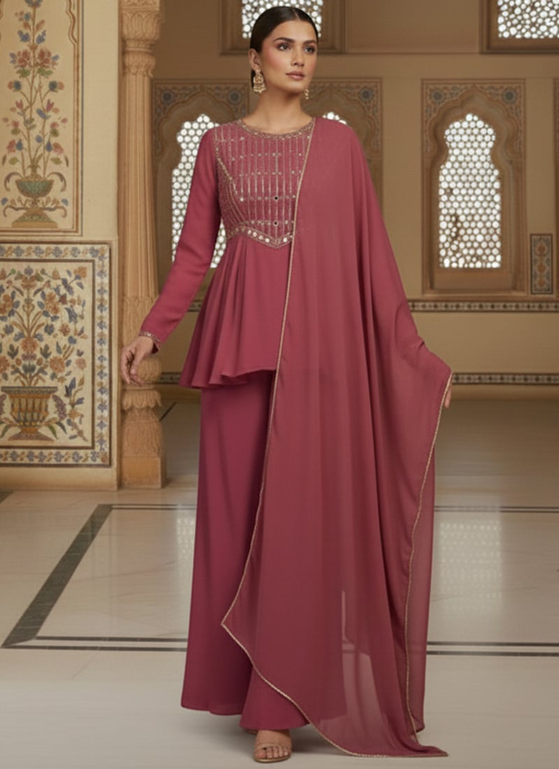 Dark Mauve Faux Georgette Zari Mirror Work Hand Embroidered Palazzo Suit Festive Wear