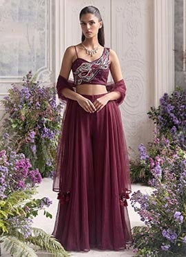 Dark Mauve Georgette Embroidered sequins With Beads Indowestern Palazzo Set