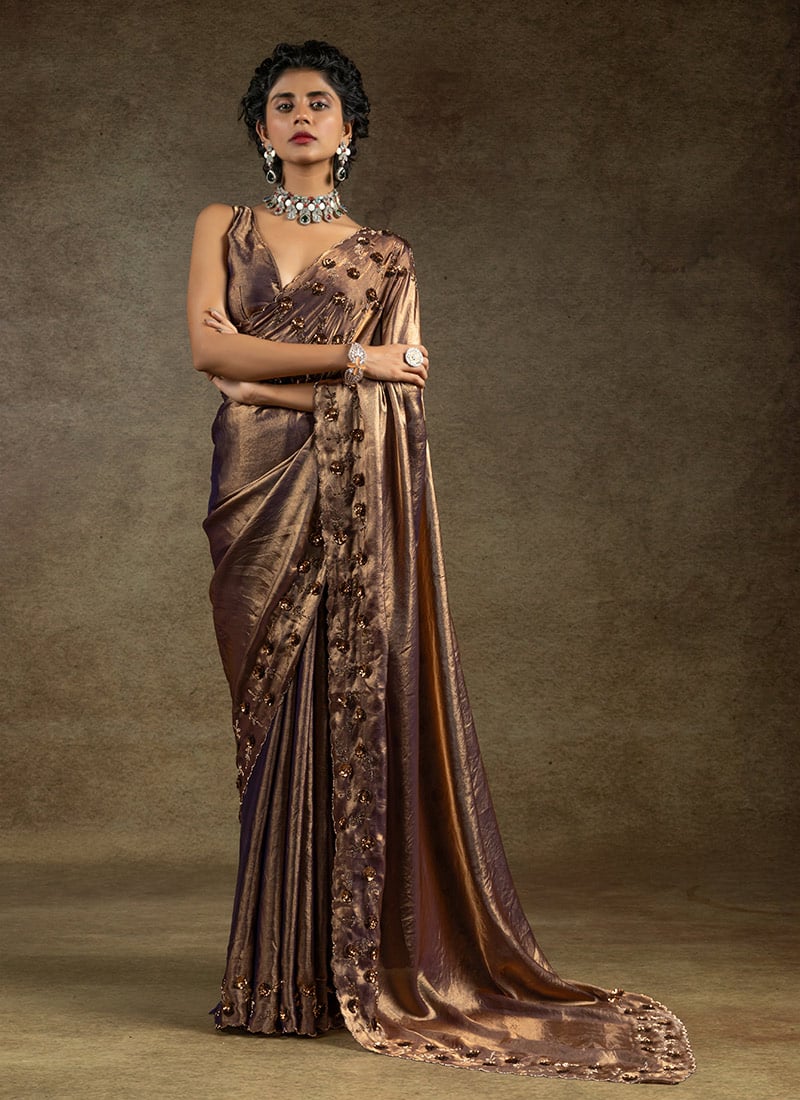 Dark Mauve Satin Silk Hand Embroidered Sequins With Applique And Stone Work Saree Wedding Wear