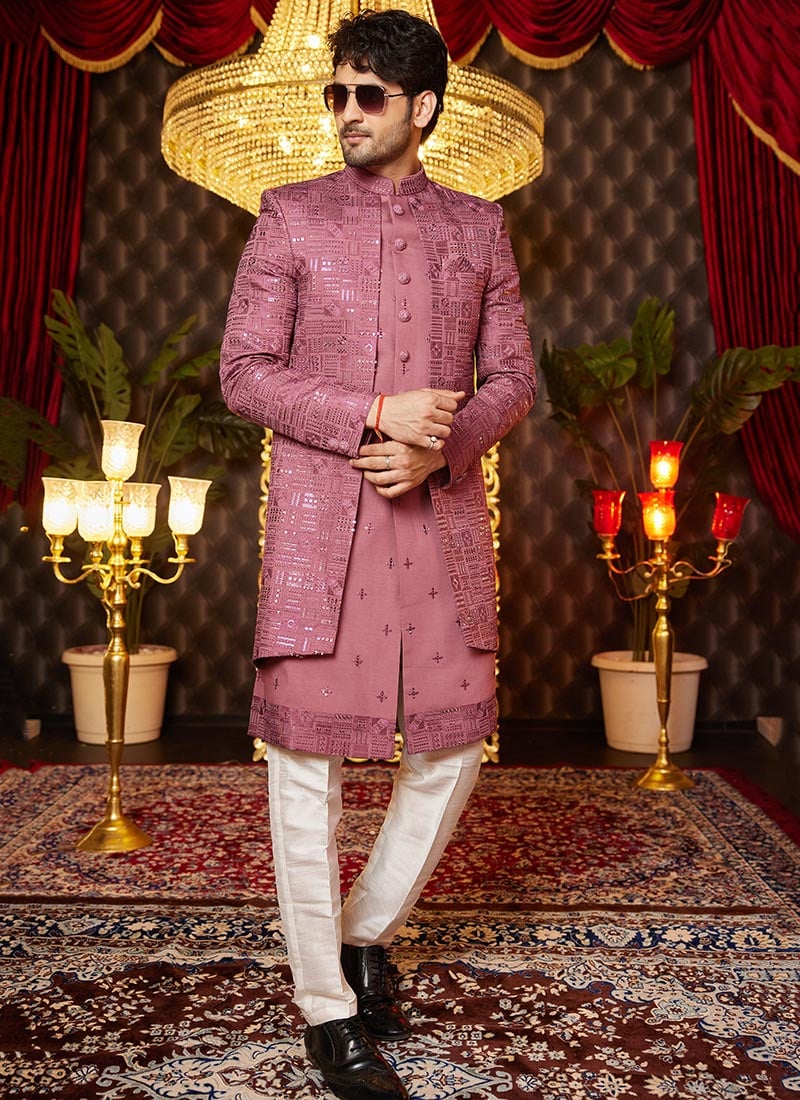 Dark Mauve Silk Embroidered And Sequins Thread Indowestern Sherwani Wedding Wear
