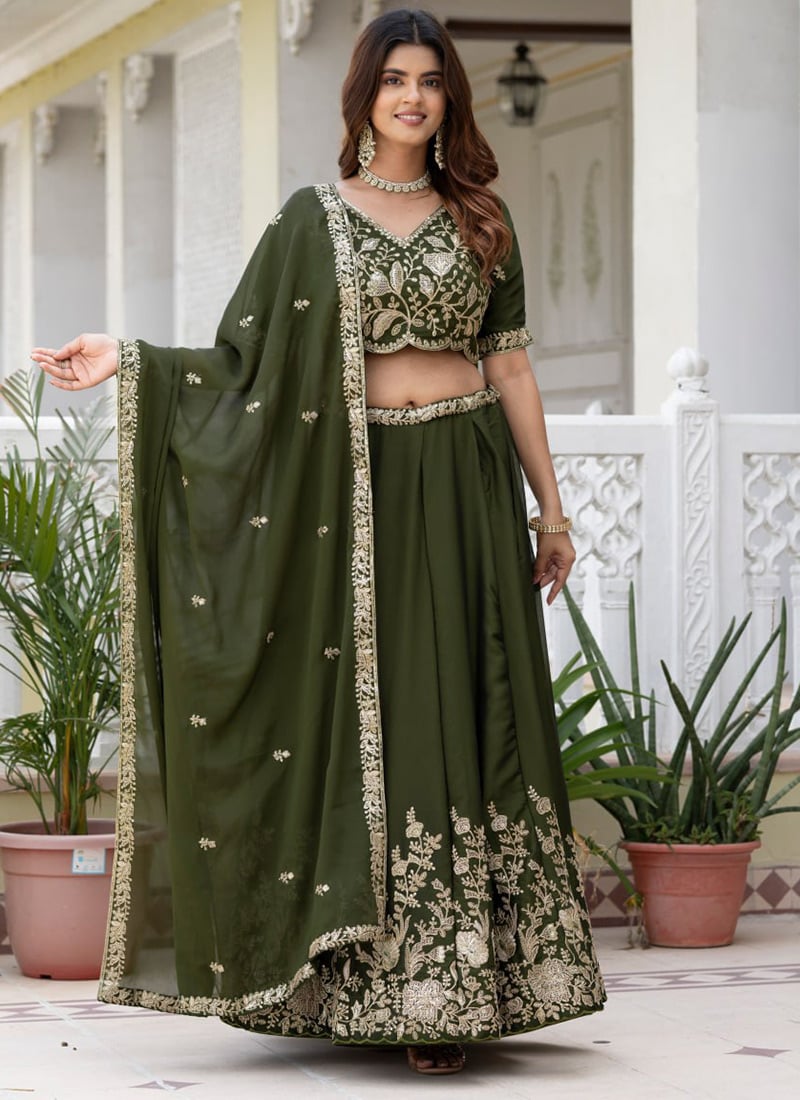 Dark Mehendi Green Zari Sequins Embroidered Silk Lehenga Wedding Wear