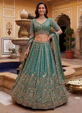 Dark Mint Green Fendy Organza Silk Sequins Zari Crystals Hand Embroidered Lehenga