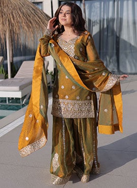 Dark Mustard Fendy Chiffon Embroidered Palazzo Suit