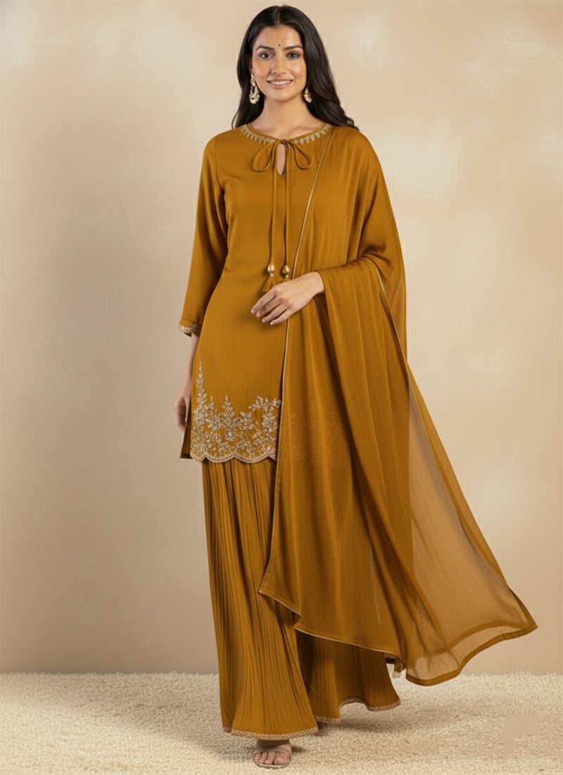 Dark Mustard Georgette Sequins Beads Cutdana Hand Embroidered Palazzo Suit Festive Wear