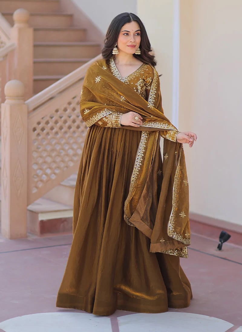 Dark Mustard Organza Zari Embroidered Sequins Anarkali Suit Festive Wear