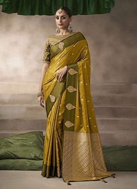 Dark Mustard Silk Zari Jacquard Embroidered Sequins Saree