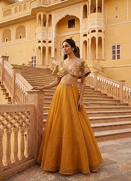 Dark Mustard Yellow Cape Sleeve Organza Resham Beads Indo Western Skirt Set