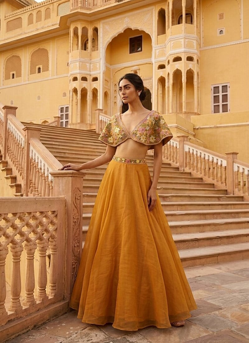 Dark Mustard Yellow Cape Sleeve Organza Resham Beads Indo Western Skirt Set Festive Wear