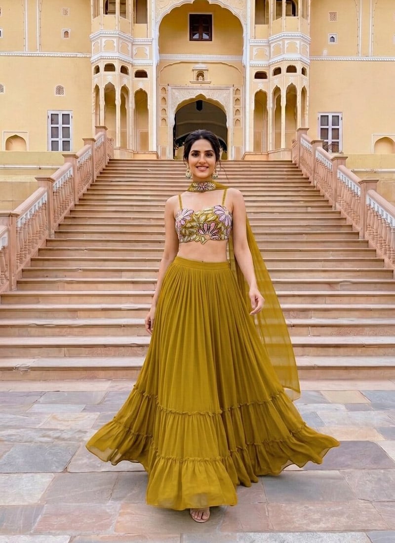 Dark Mustard Yellow Georgette Floral Embroidered Tiered Lehenga Festive Wear