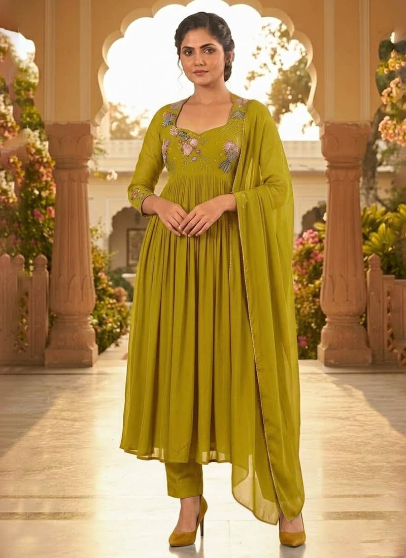Dark Mustard Yellow Georgette Zari Resham Sequins Anarkali Suit Festive Wear