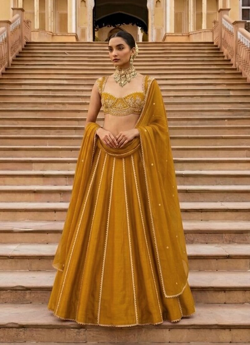 Dark Mustard Yellow Silk Hand Embroidered Cutdana Sequins Beads Lehenga Wedding Wear