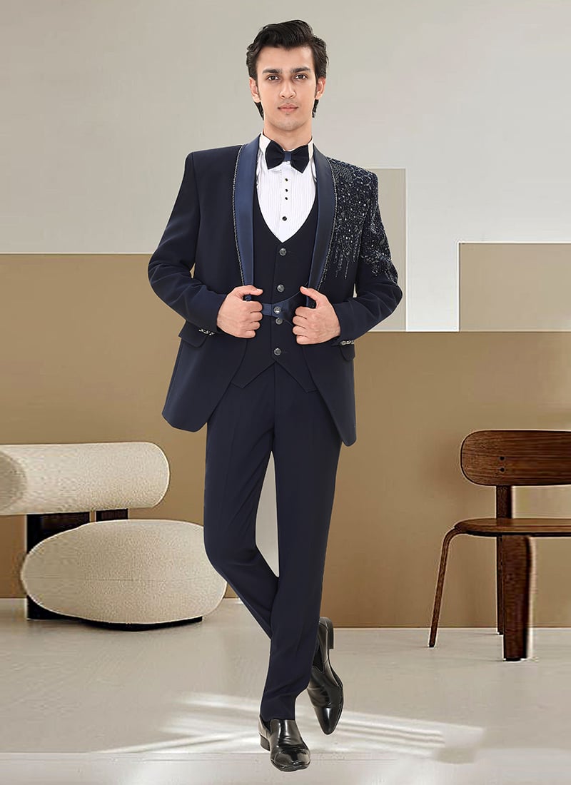 Dark Navy Blue Armani Satin Silk Beads Hand Embroidered Suit Wedding Wear