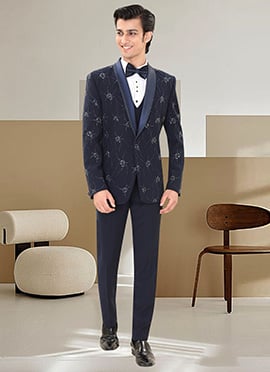 Dark Navy Blue Armani Satin Silk Beads Hand Embroidered Suit