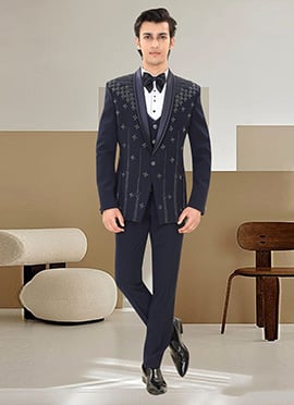 Dark Navy Blue Armani Satin Silk Beads Hand Embroidered Suit
