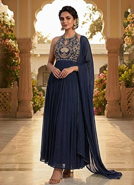 Dark Navy Blue Georgette Zari Sequins Halter Neck Anarkali Suit