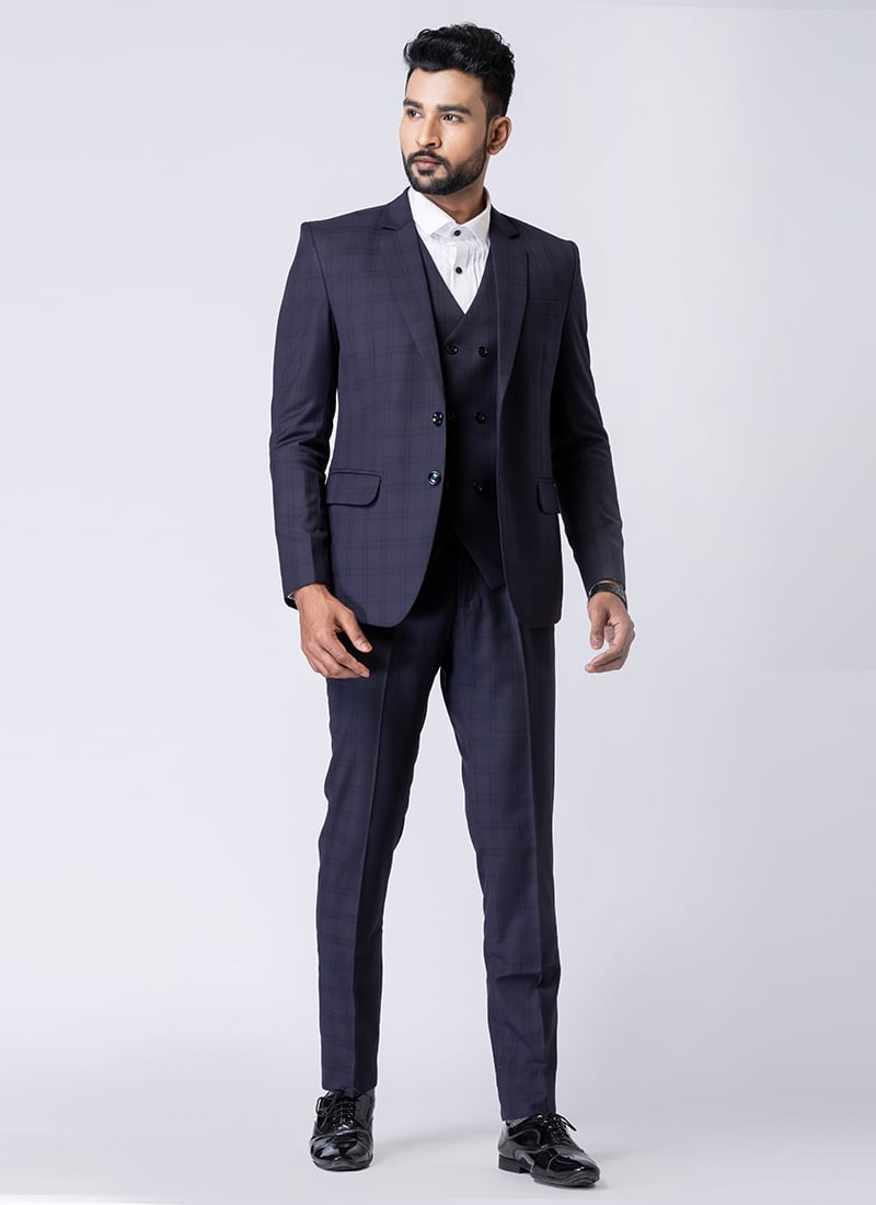 Dark Navy Blue Polyester Tuxedo Suit Wedding Wear