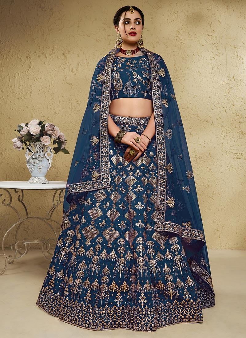Dark Navy Blue Silk Zari Sequins Embroidered Lehenga Wedding Wear