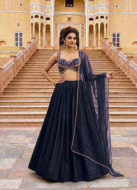 Dark Navy Blue Silk Zari Sequins Lehenga