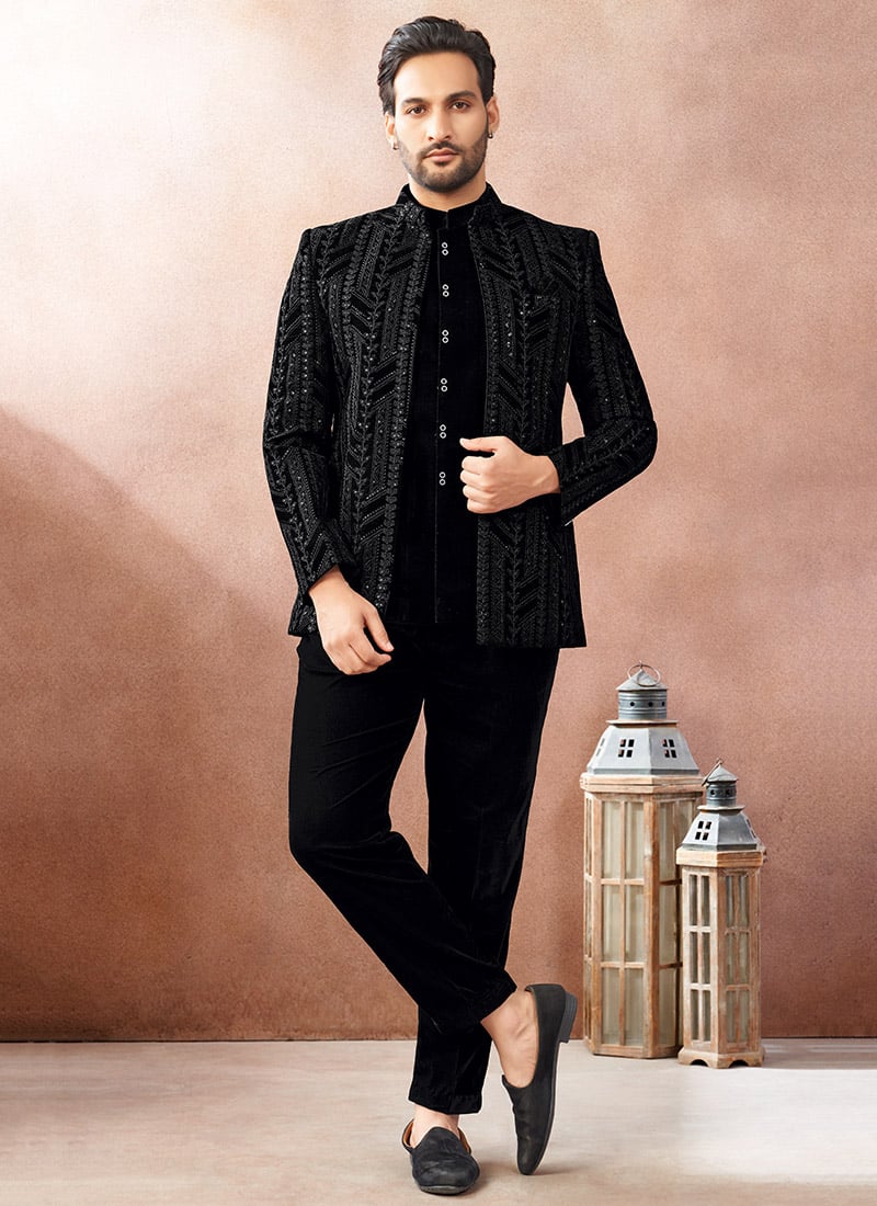 Dark Navy Blue Velvet Embroidered Sequins Jodhpuri Jacket