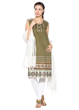 Dark Olive Green Cotton Churidar Suit