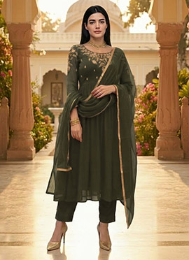 Dark Olive Green Georgette Zari Sequins Embroidered Anarkali Suit