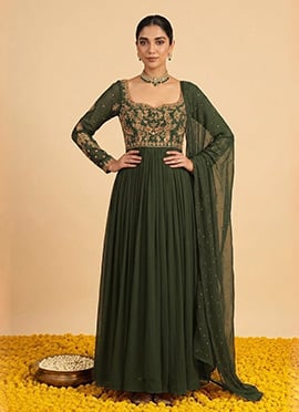 Dark Olive Green Georgette Zari Stone Sequins Anarkali Suit