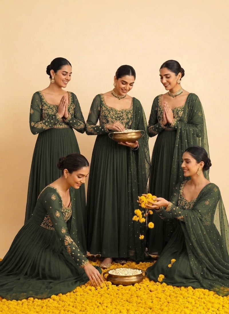 Dark Olive Green Georgette Zari Stone Sequins Anarkali Suit Festive Wear