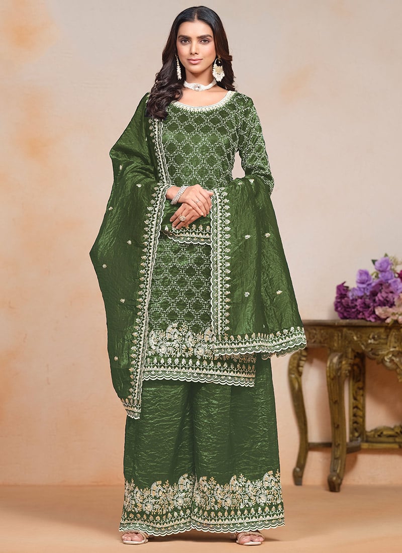 Dark Olive Green Gold Crush Embroidered Sequins Stunning Palazzo Suit