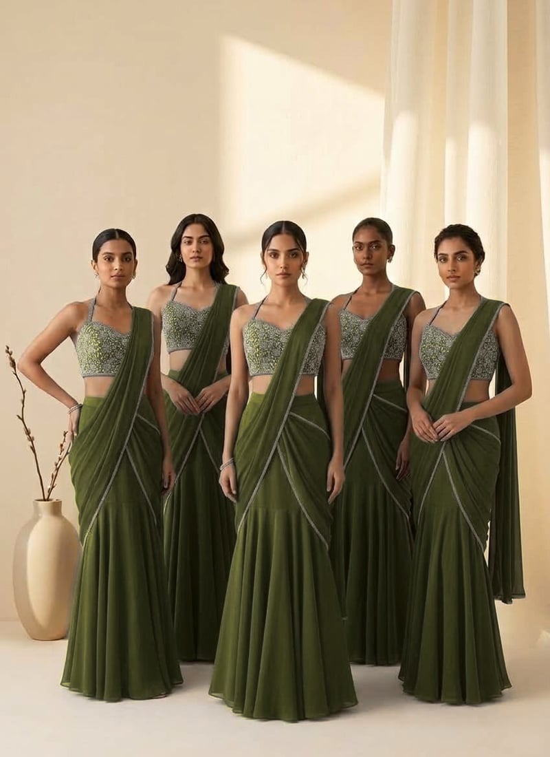 Dark Olive Green Silk Cutdana Beads Hand Embroidered Pre Draped Saree Festive Wear