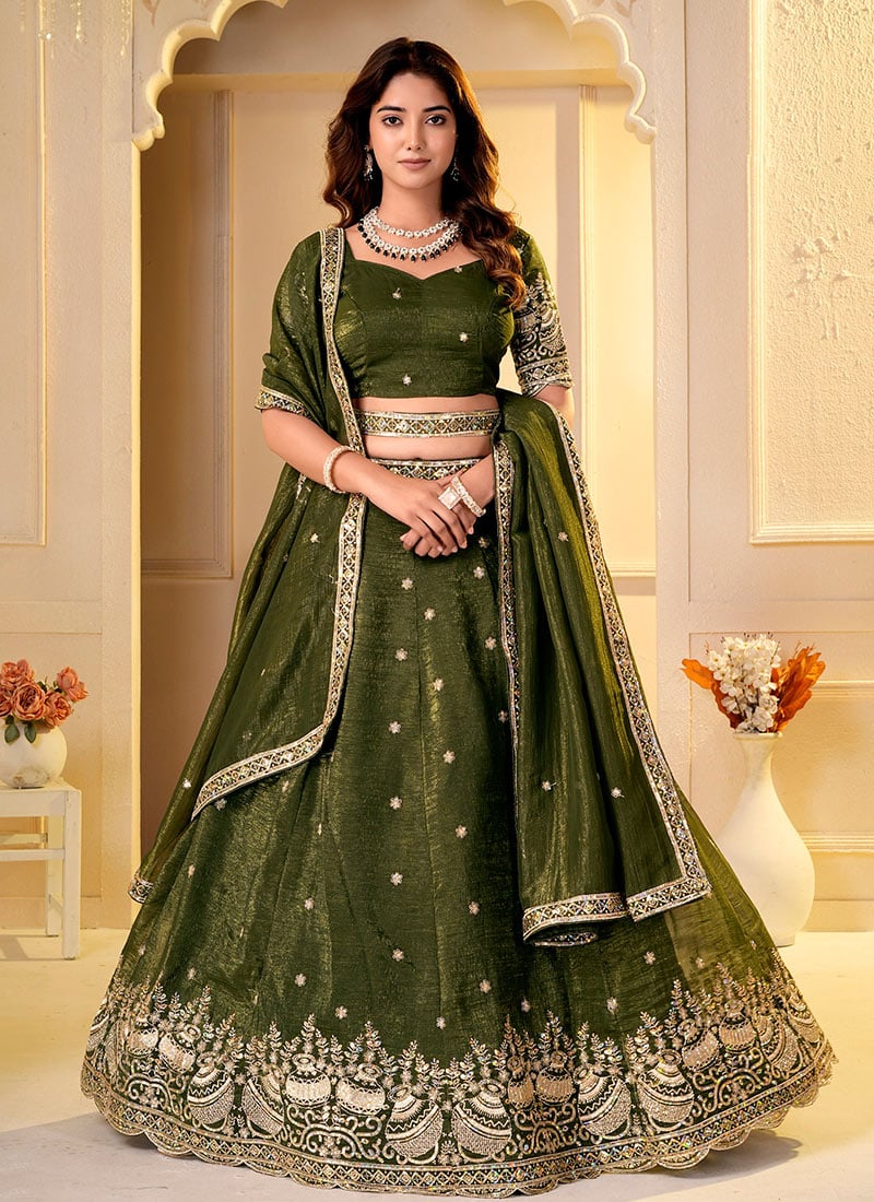 Dark Olive Green Silk Zari Embroidered Sequins Beads Lehenga Wedding Wear
