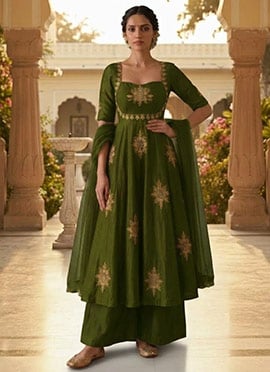 Dark Olive Green Silk Zari Sequins Anarkali Suit