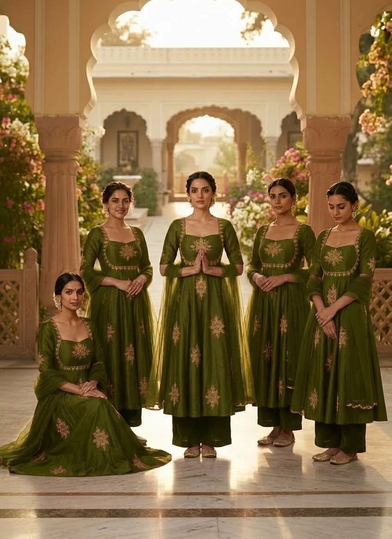 Dark Olive Green Silk Zari Sequins Anarkali Suit Festive Wear