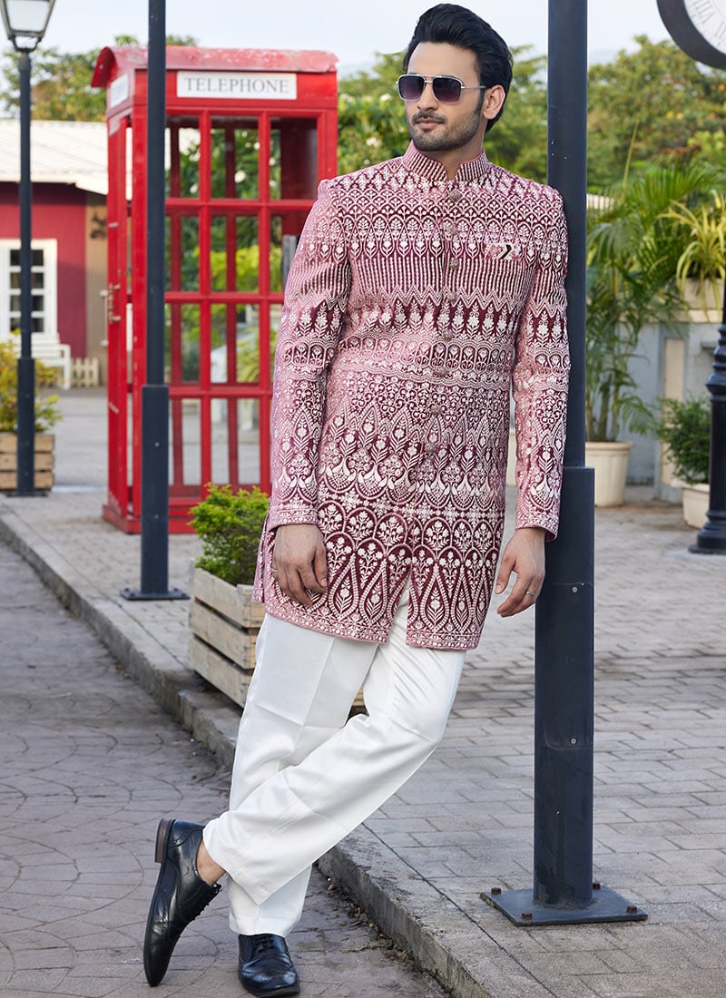 Dark Onion Pink Velvet Embroidered Indowestern Sherwani